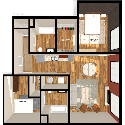 Floor plan for 2 beds, 2 baths, 1068 sqft